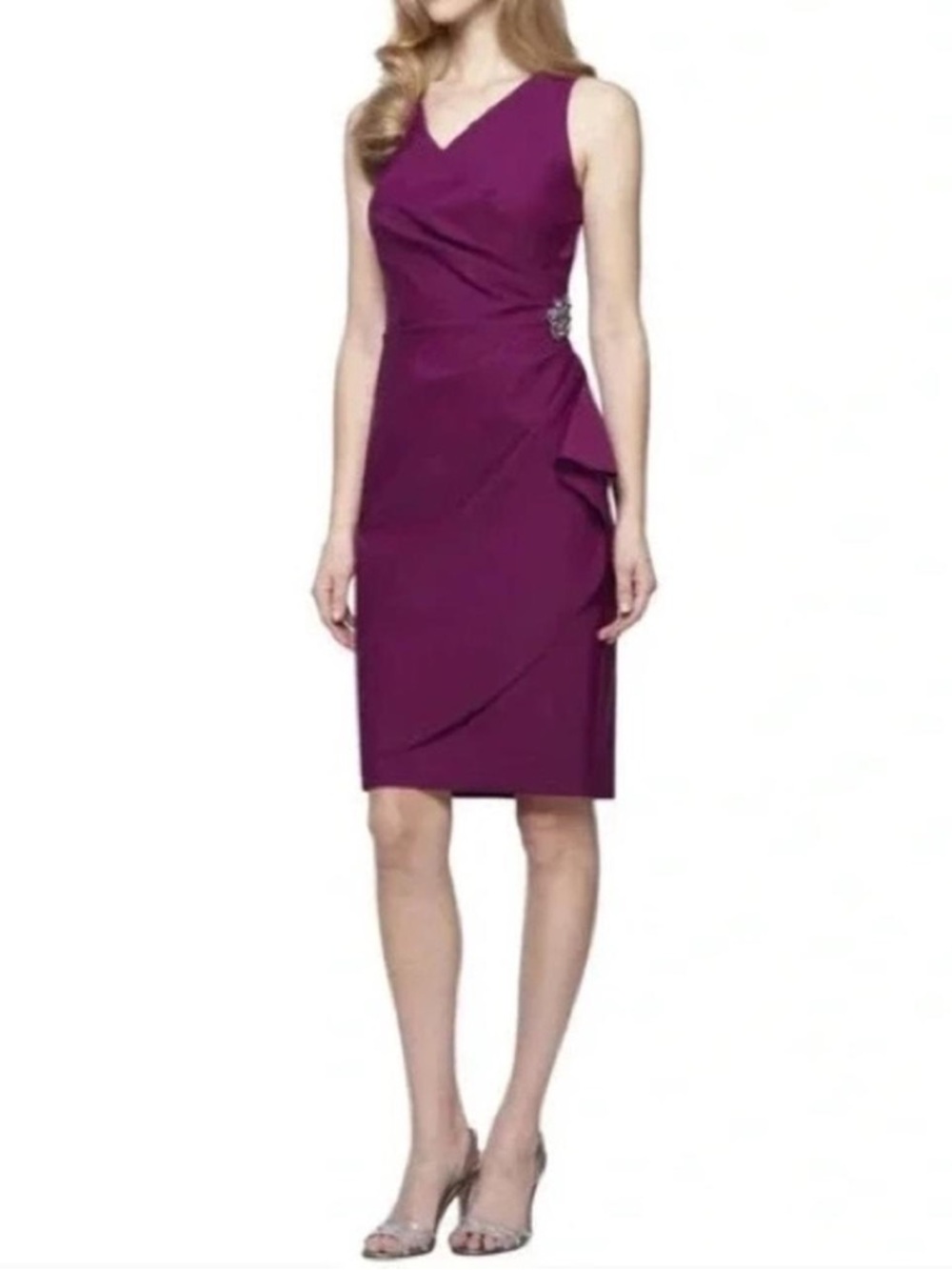 Alex Evenings Purple Sleeveless V-Neck Sheath Midi Dress with Side Embellishment